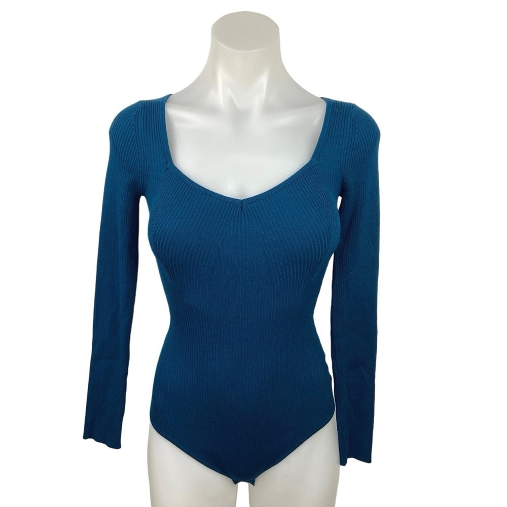 House of Harlow 1960 Balletcore Teal Long Sleeve Square Neck Bodysuit - Picture 6 of 6